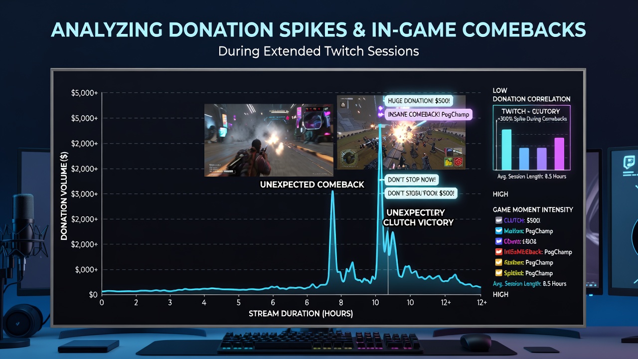 Twitch stream overlay showing real-time donation notifications during an intense gaming comeback moment