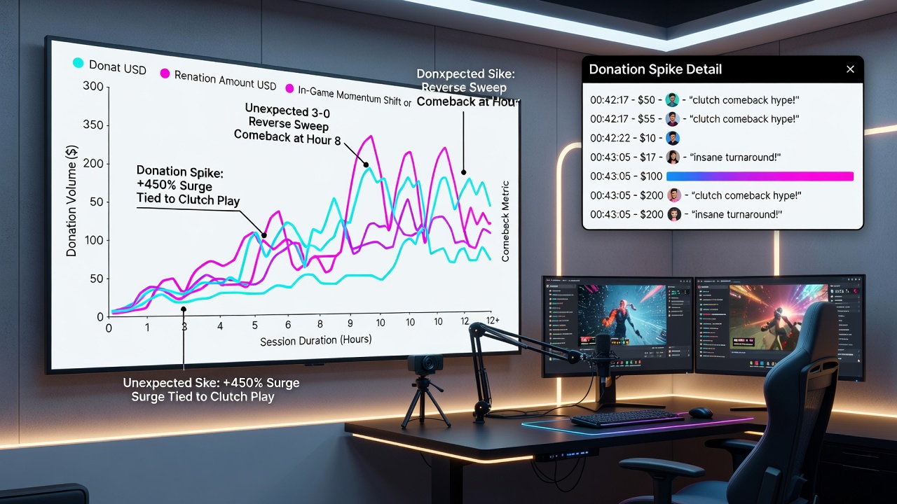 Data visualization graph displaying donation spikes aligned with in-game comeback timestamps in a long Twitch stream