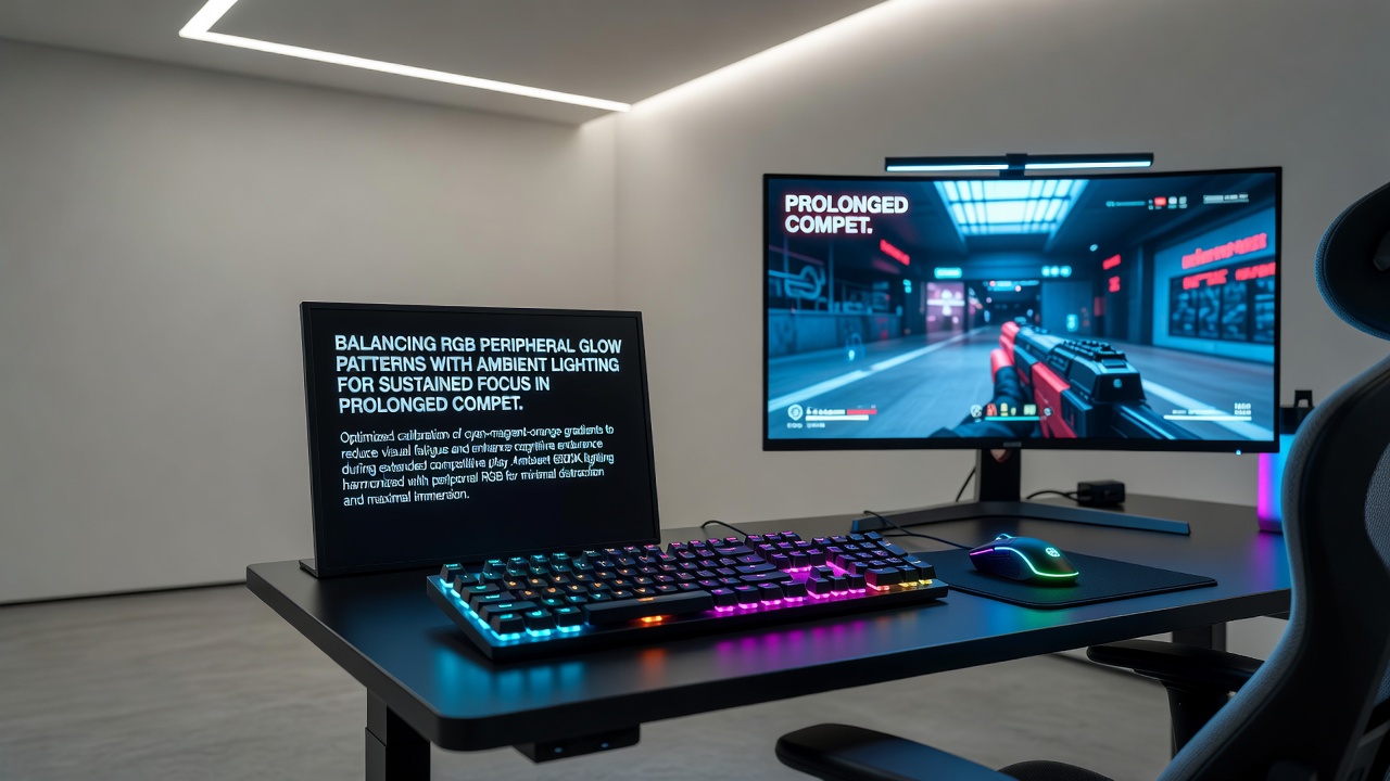 Detailed view of synchronized RGB peripherals and ceiling-mounted ambient lights creating uniform illumination across a broadcast desk