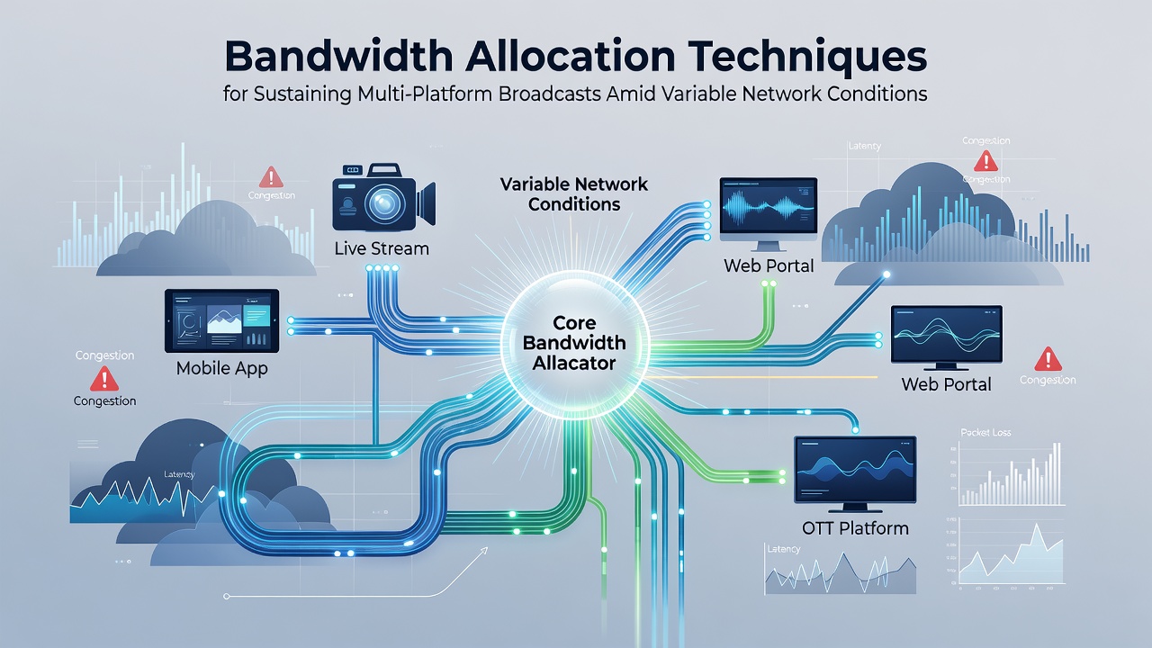 Network diagram illustrating bandwidth distribution across multiple streaming platforms during fluctuating conditions