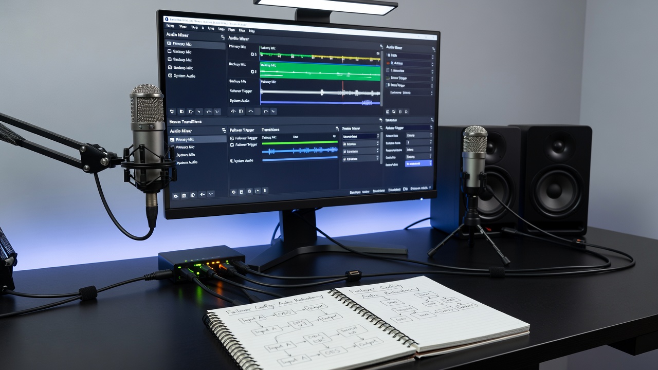 Diagram of audio signal flow with primary and backup devices routed through virtual cables into OBS for redundancy