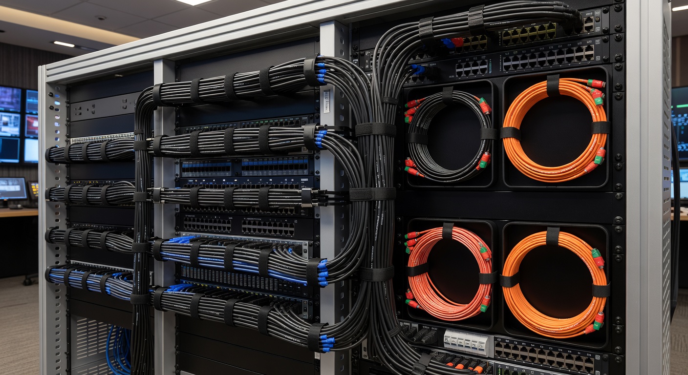 Organized cable runs in a professional broadcast setup with labeled bundles and proper separation of signal and power lines
