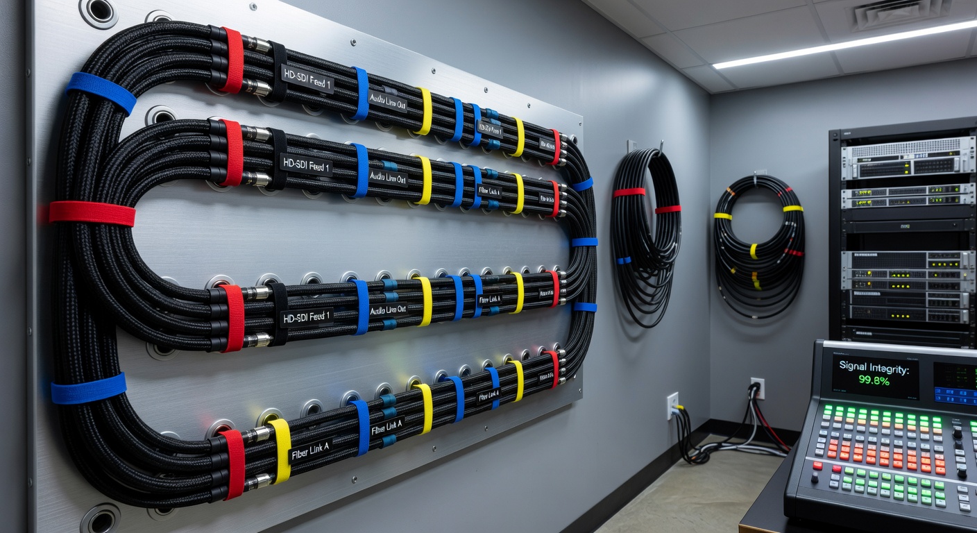 Close-up of cable management trays with separated power and data lines plus strain relief at connection points