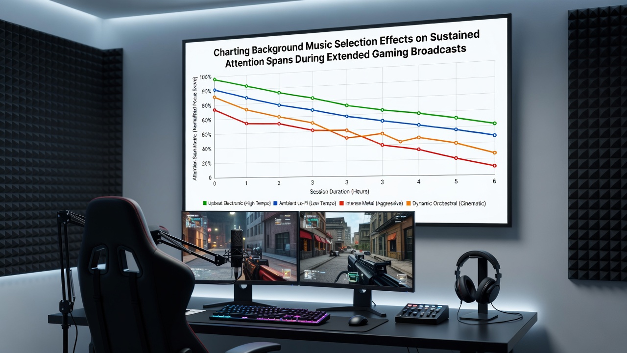 Charts display attention span data collected during extended gaming broadcast tests with varied background music