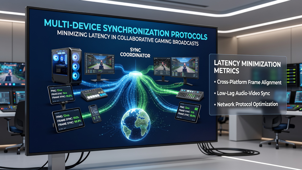 Multi-device setup showing synchronized gaming broadcast equipment with timing displays and network connections