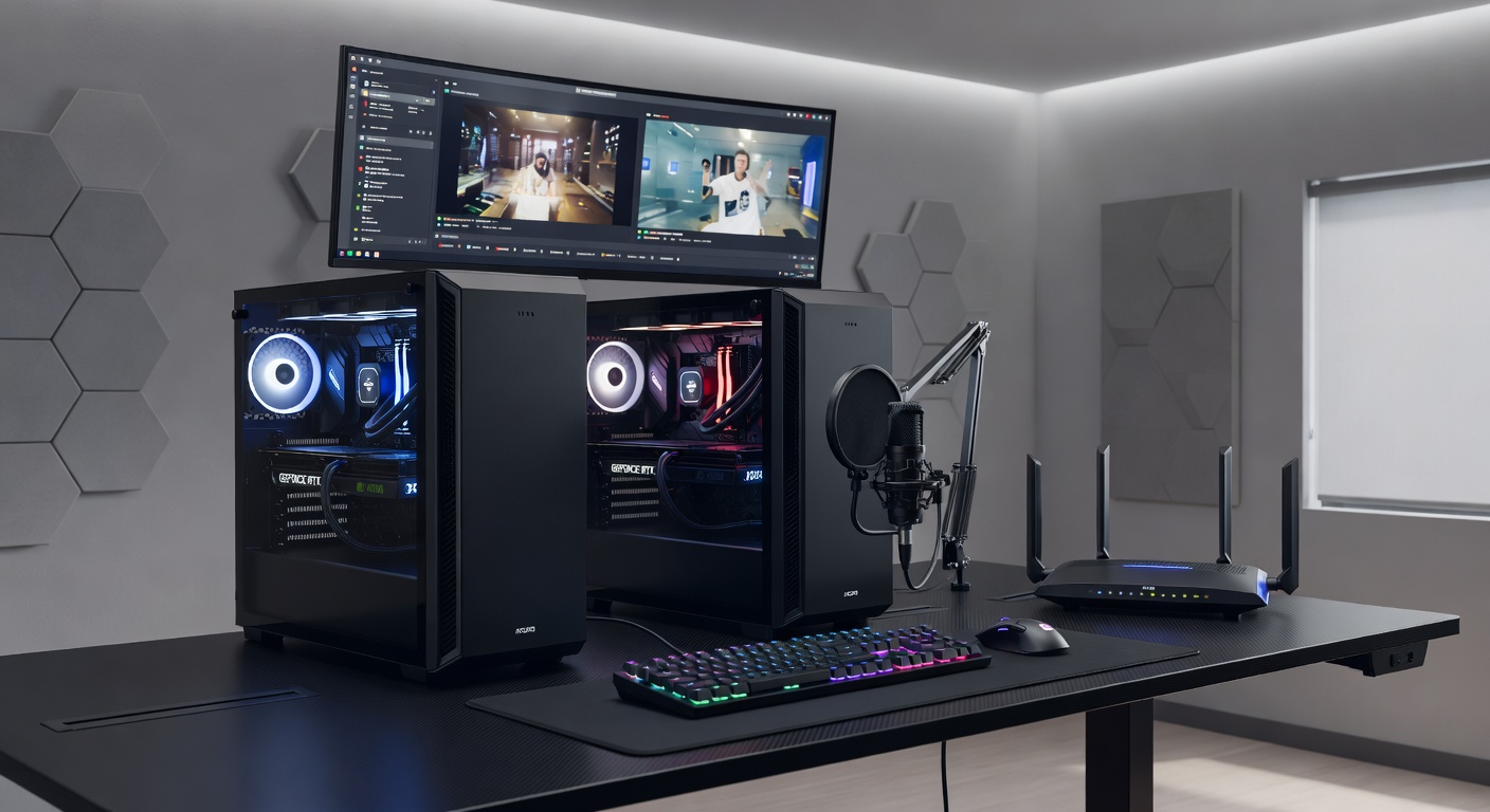 Diagram showing gaming PC connected to streaming PC via HDMI capture card and network cables for synchronized 4K output