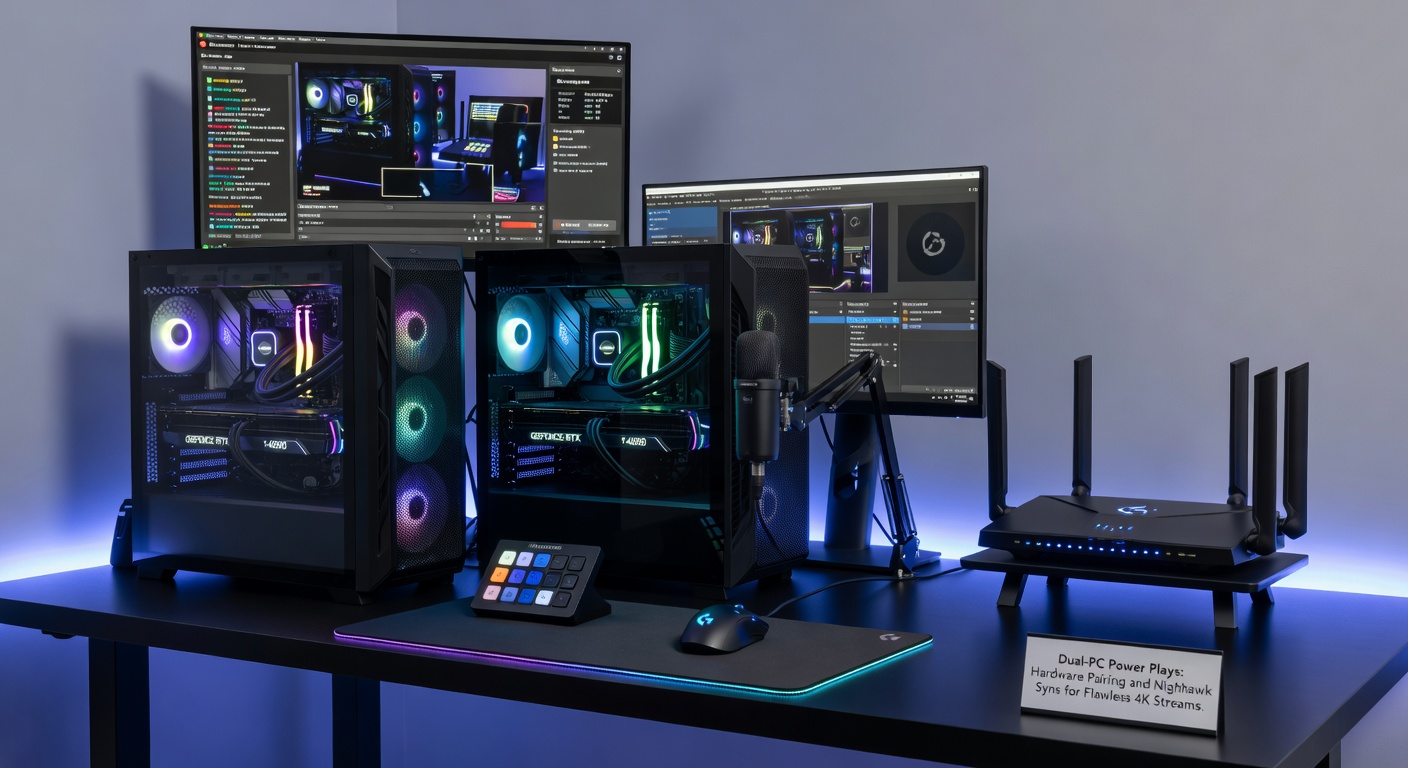 Close-up of Nighthawk router integrated into dual-PC network with Ethernet cables linking gaming and streaming rigs for synchronized 4K transmission