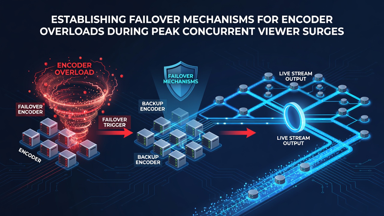 Technical diagram showing encoder failover architecture with redundant servers and load balancers during high-traffic streaming events