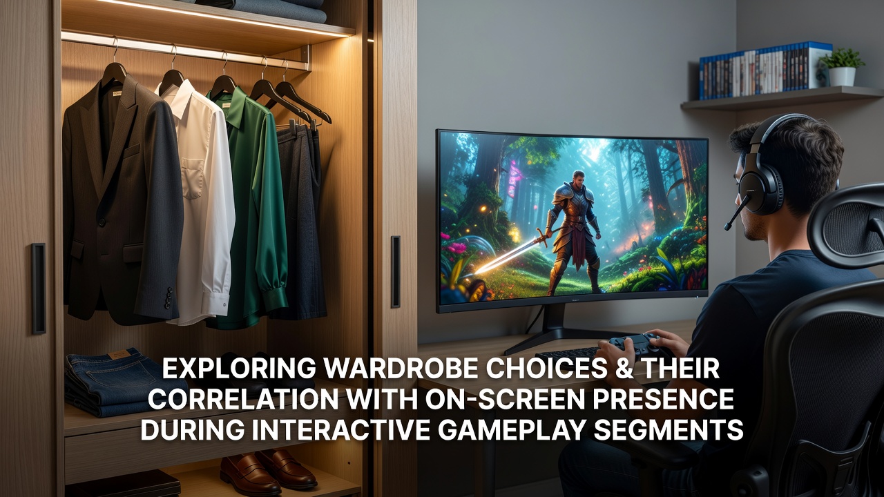 Streamer demonstrating neutral-toned wardrobe selection against dynamic gameplay background lighting