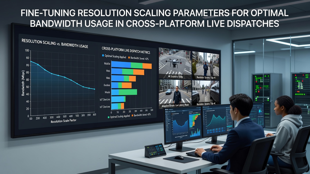 Technical diagram showing resolution scaling parameters and bandwidth optimization graphs for live video dispatches across platforms