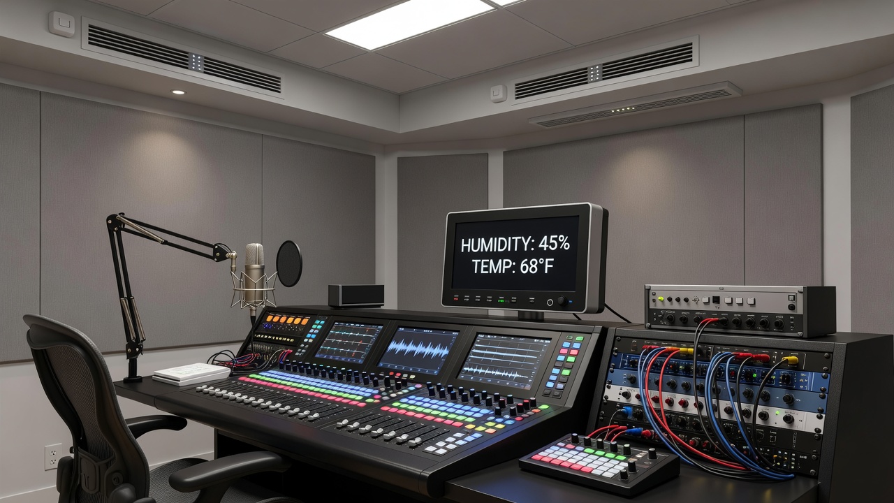 Professional recording studio with humidity monitoring equipment and broadcasting consoles in a controlled environment