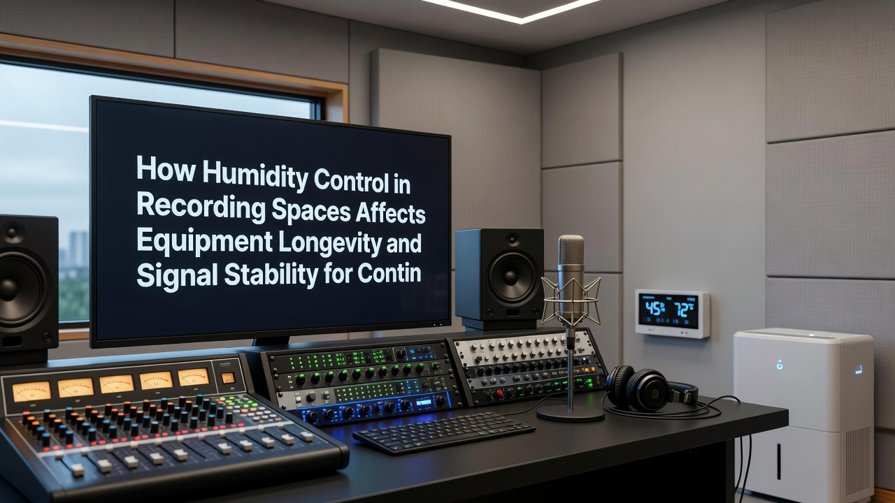 Close-up of humidity sensors and climate control systems integrated into a broadcast control room rack setup