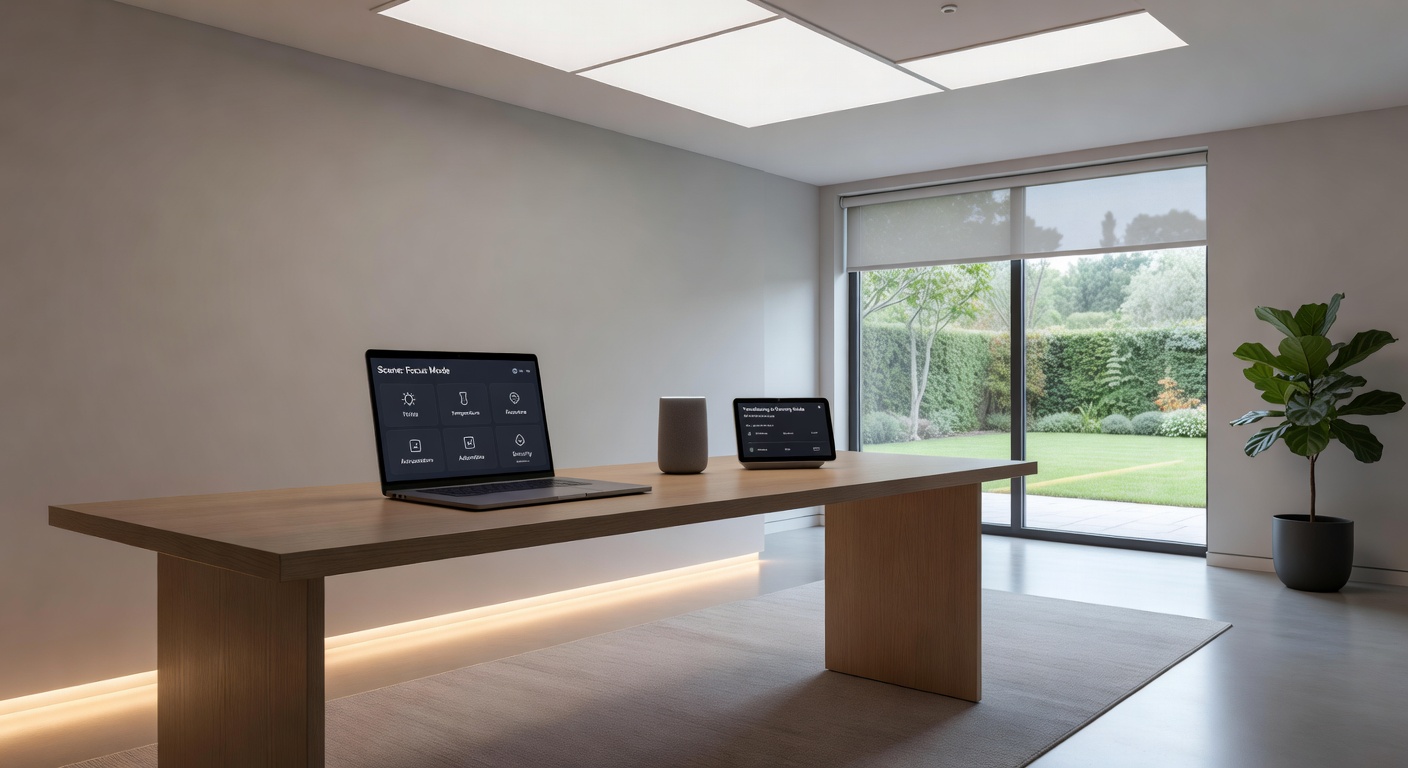 Automated scene transition using smart lights and motorized blinds in a home studio