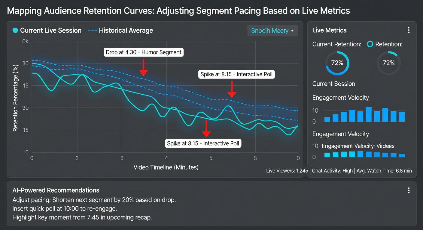 Live streaming dashboard showing real-time retention metrics and segment pacing indicators