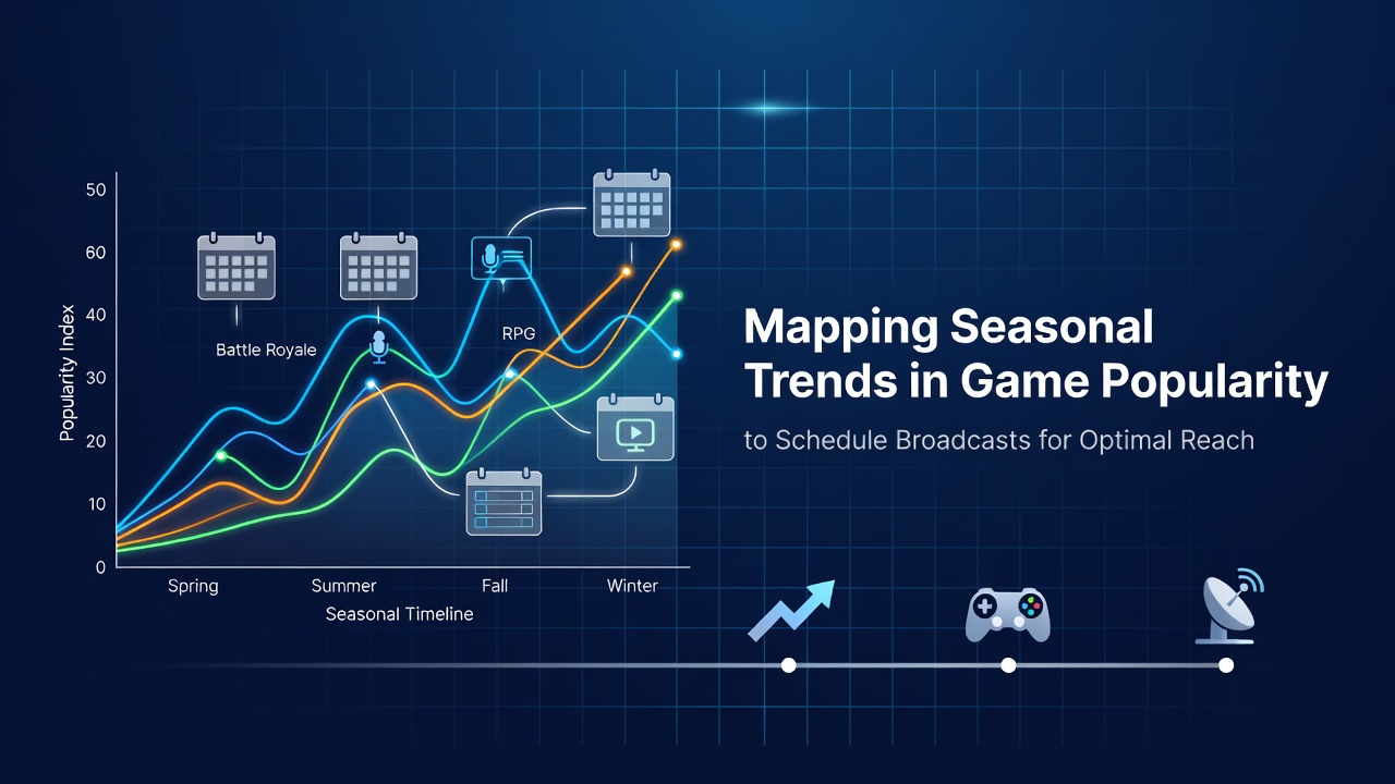 Graph showing seasonal fluctuations in game popularity across different genres with broadcast scheduling markers overlaid