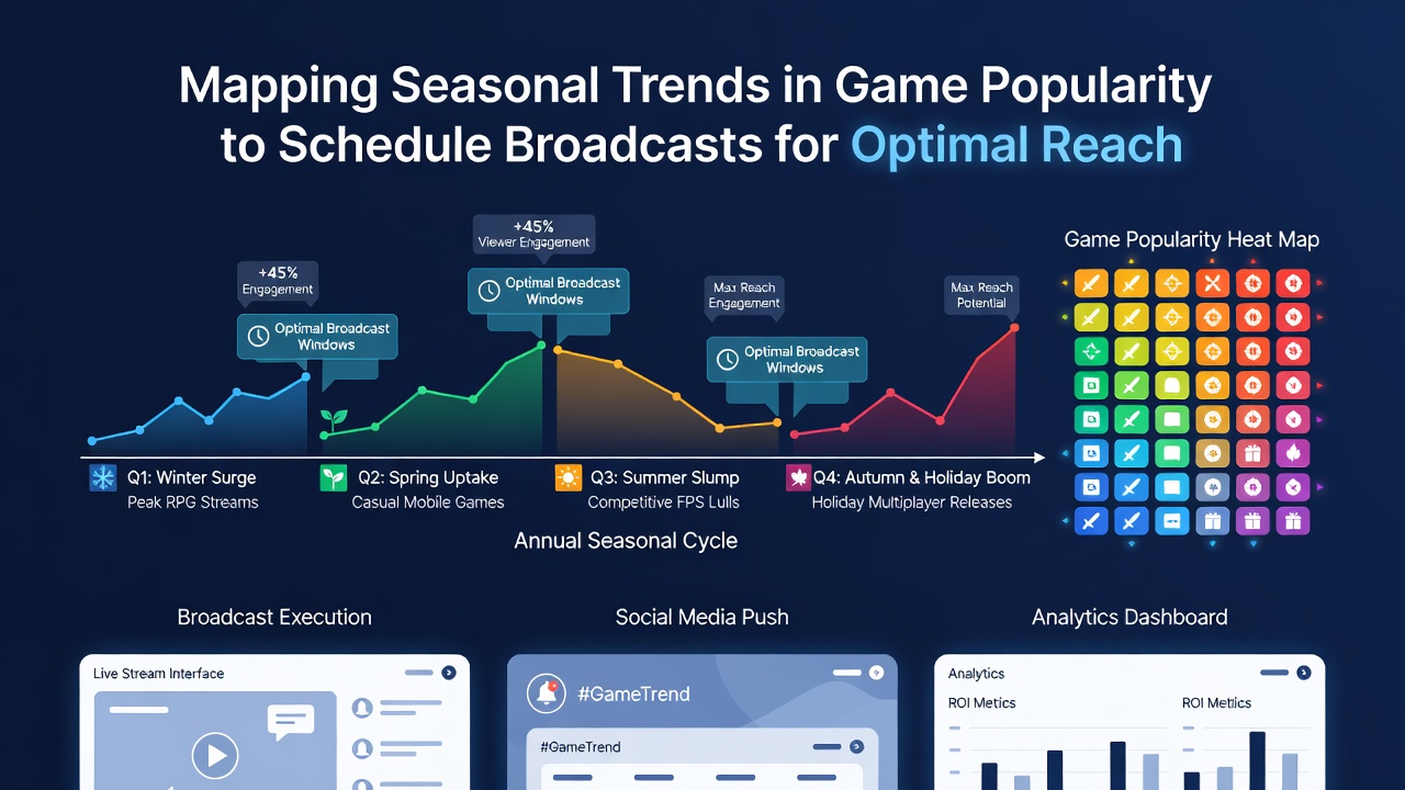 Broadcaster reviewing calendar and analytics dashboard to align game streams with seasonal viewer trends