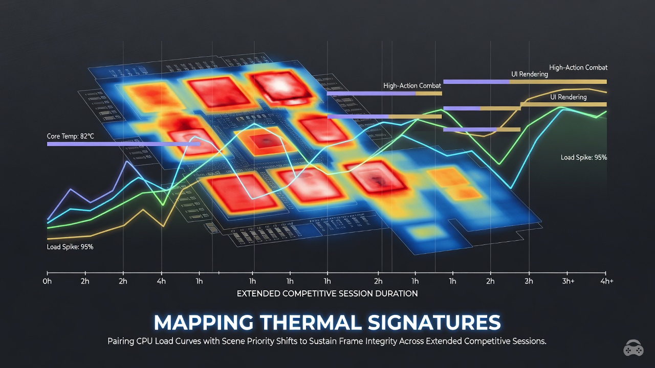 CPU thermal mapping interface showing load curves overlaid on scene priority settings during a competitive gaming broadcast session