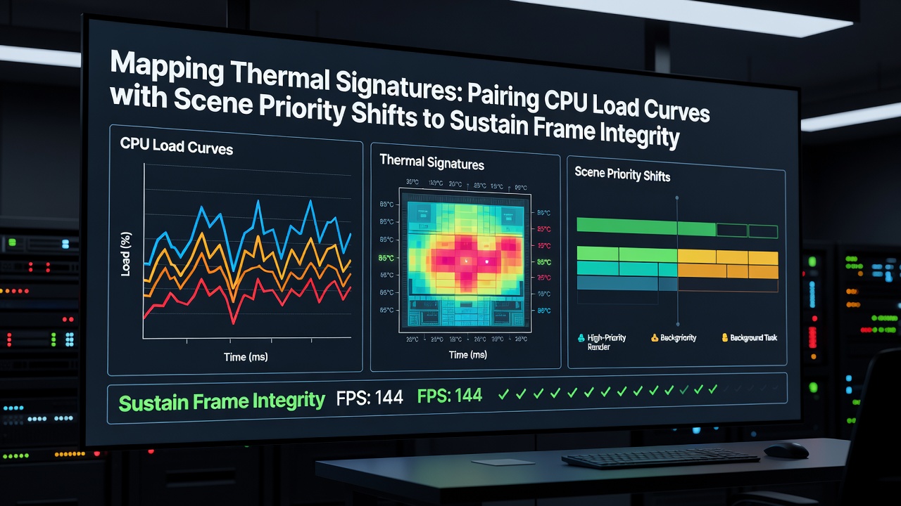 Graph displaying paired thermal signatures and CPU load curves with annotations for scene priority adjustments during a multi-hour competitive stream