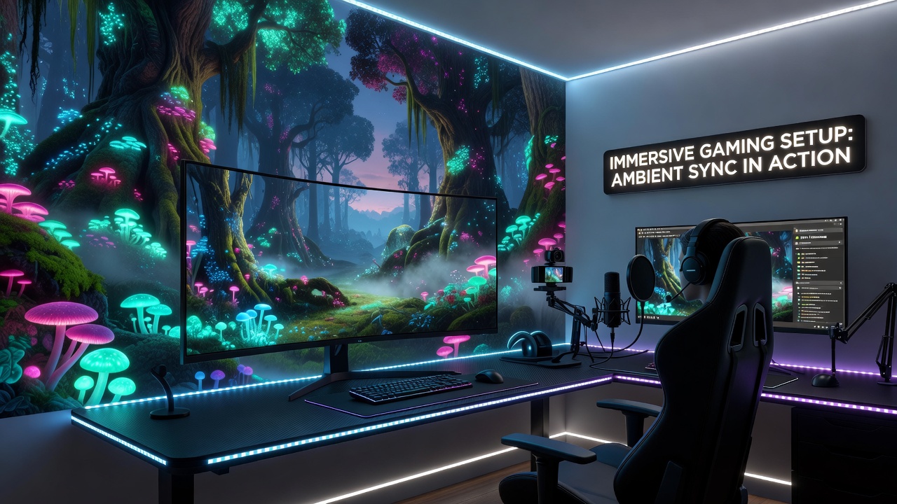 Home broadcast setup with synchronized ambient lighting matching in-game scenes from a fantasy title