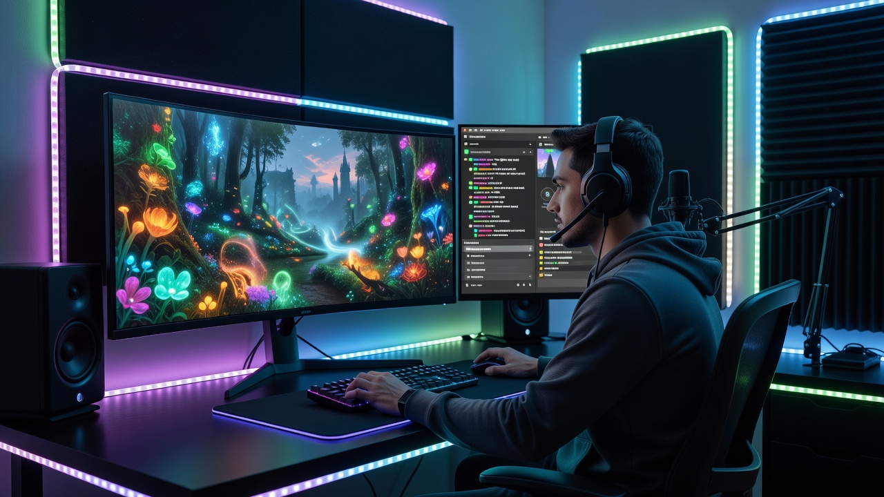 Close-up of LED strips behind monitor displaying color-matched lighting during an action sequence