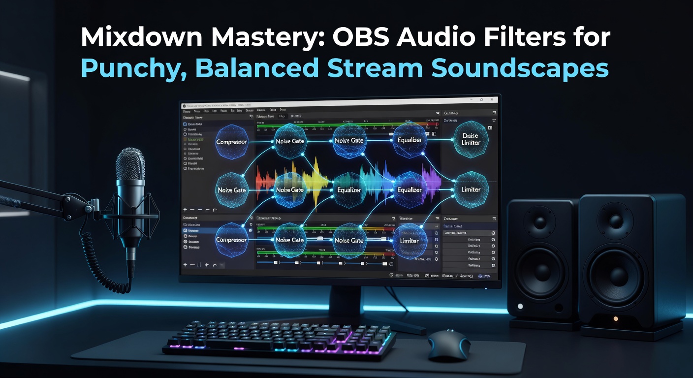 OBS Studio audio mixer panel displaying multiple tracks with applied filters like compressor and EQ for stream optimization