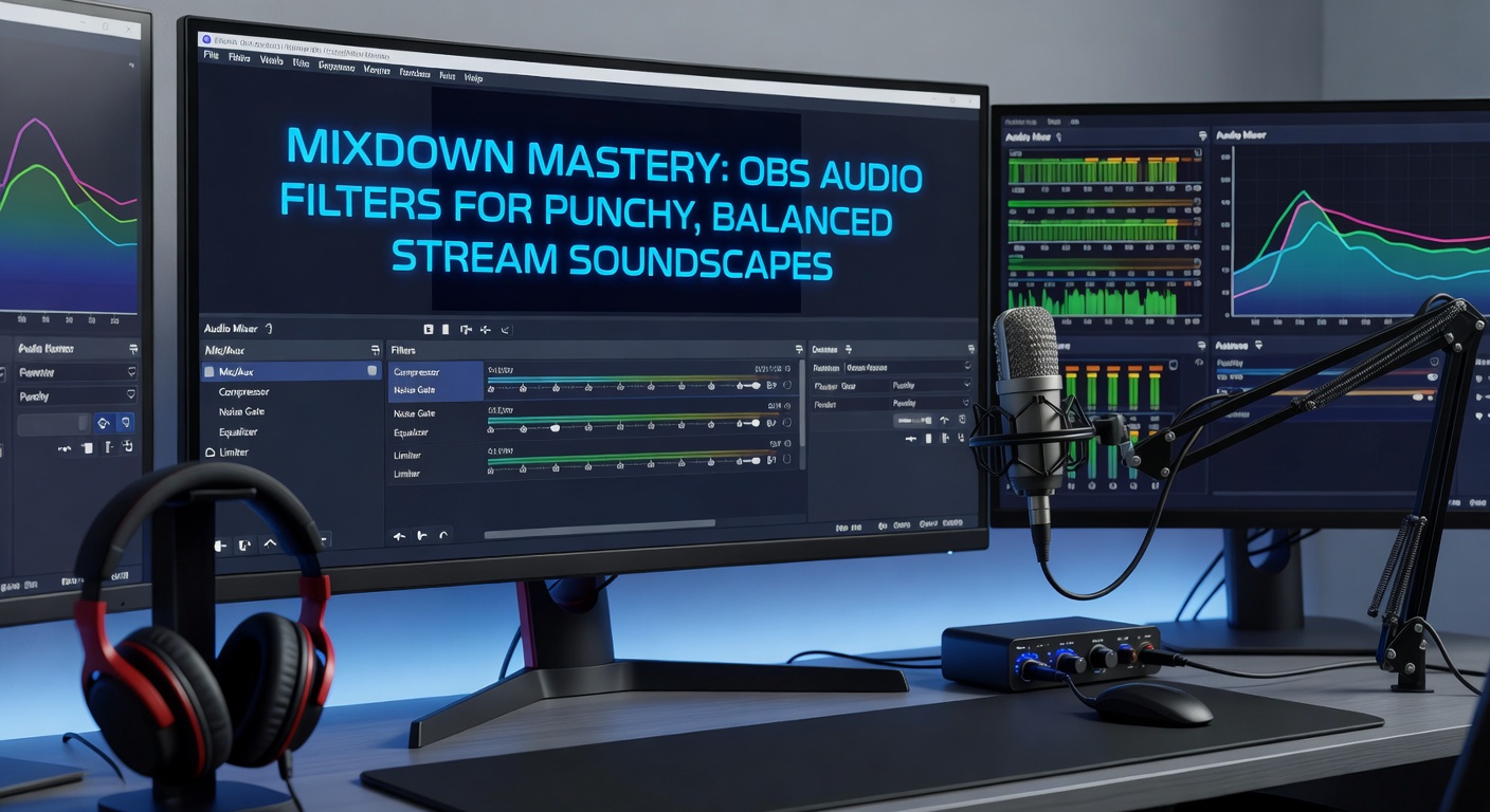 Close-up of OBS filter properties window with compressor settings adjusted for ratio, threshold, and attack/release times in a streaming audio chain