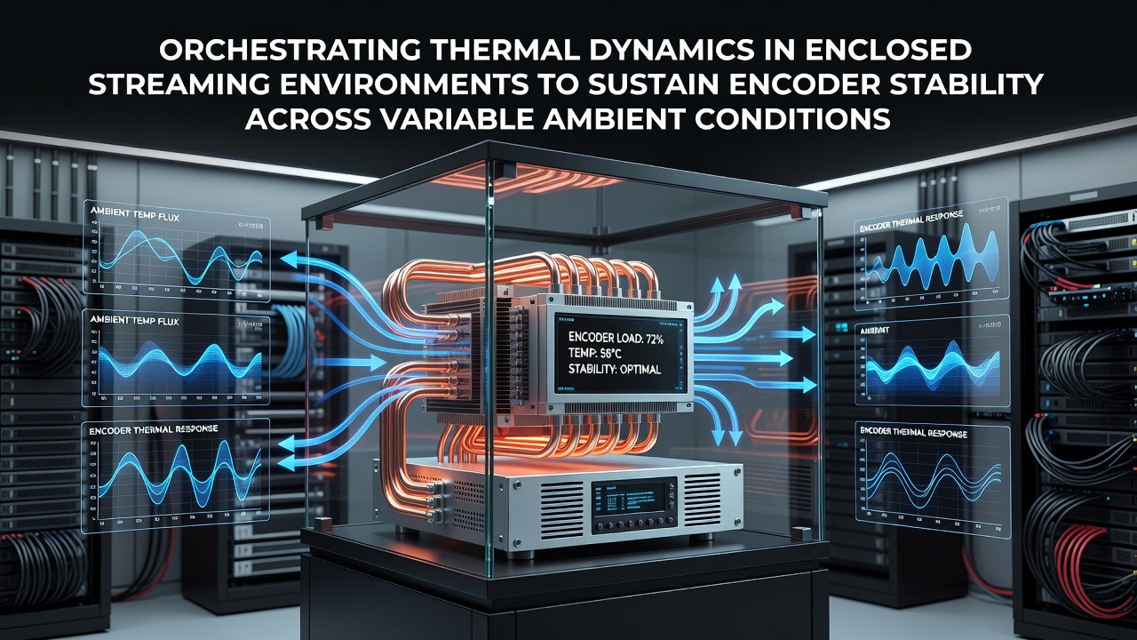 Diagram showing thermal airflow patterns inside an enclosed streaming PC setup with encoder hardware components highlighted