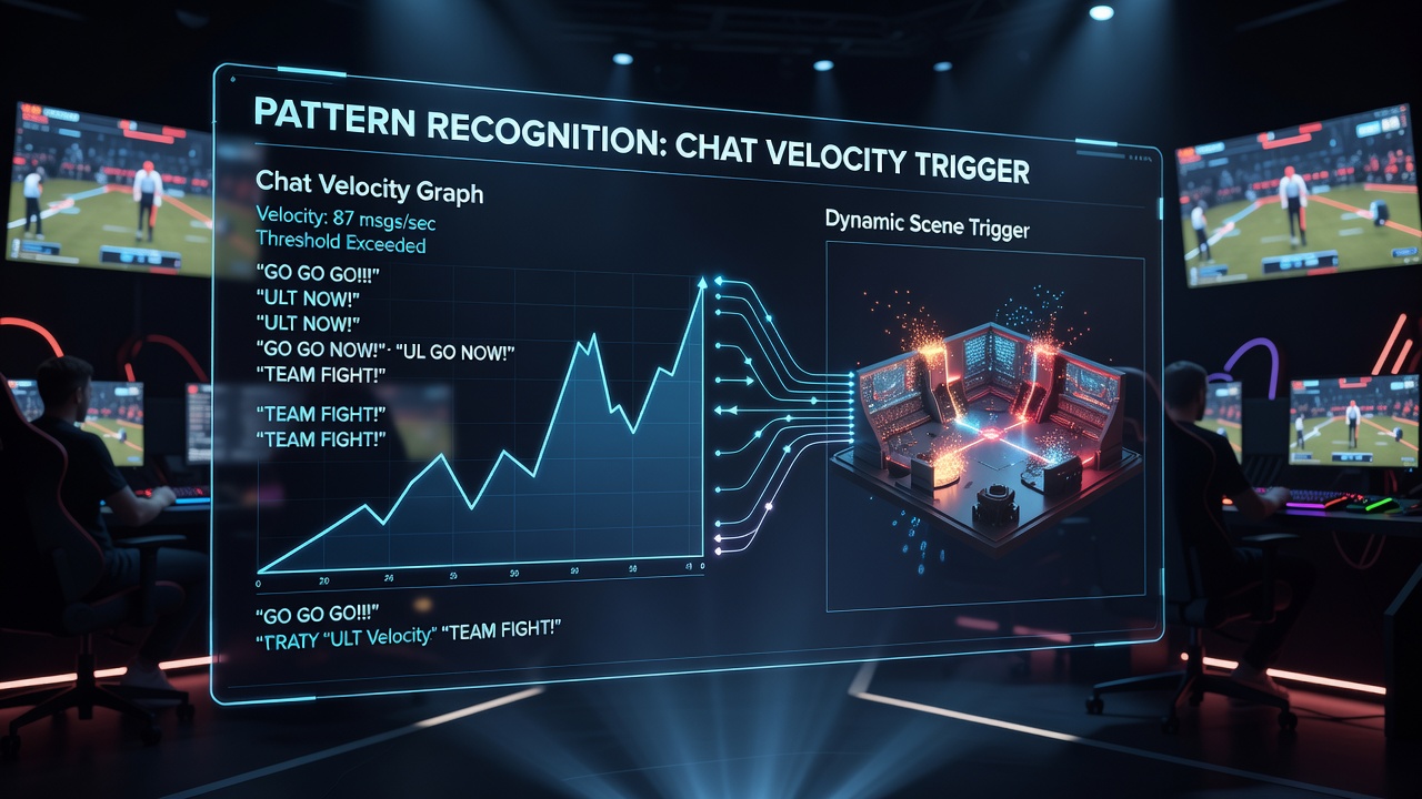 Close-up of OBS scene editor with velocity trigger nodes connected to multiple visual layers for automated changes