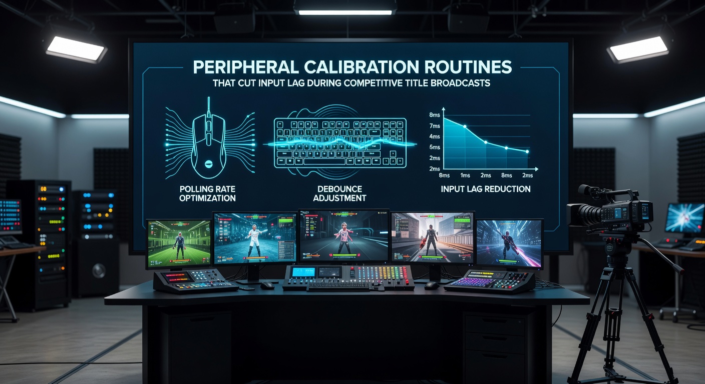 Close-up of calibrated gaming mouse and keyboard setup with calibration software interface displayed on monitor during competitive broadcast preparation