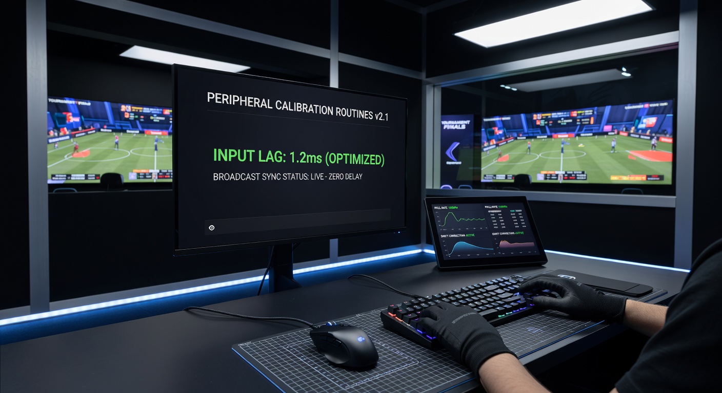 Broadcast technician performing peripheral calibration on controller and keyboard while monitoring input lag metrics on secondary display during live competitive gaming stream