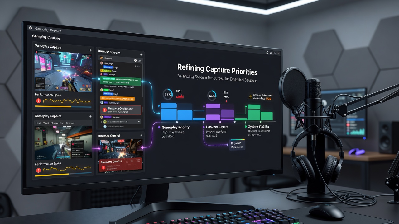 OBS Studio interface showing layered browser sources over gameplay capture with resource monitoring panels active