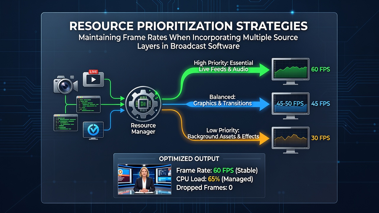 Broadcast software interface showing multiple source layers and resource monitoring panels during a live session