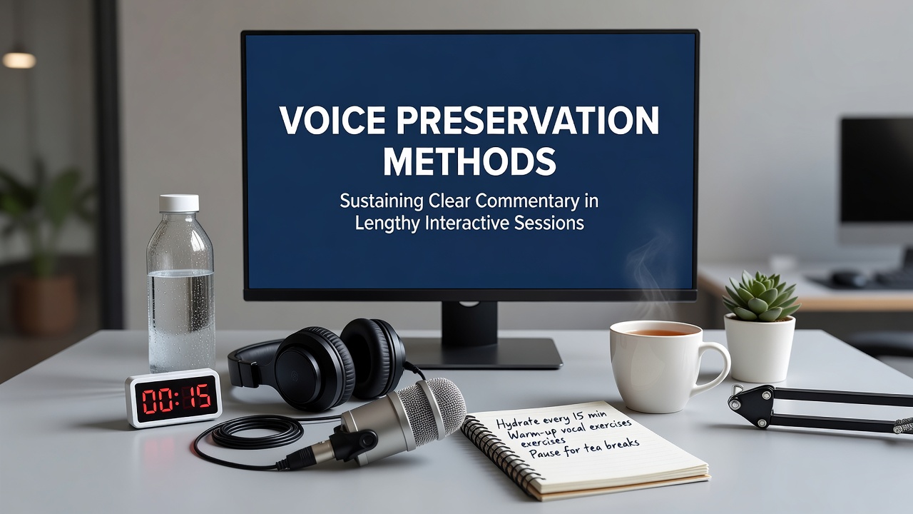 Vocal health setup showing hydration station and microphone positioning for extended commentary sessions